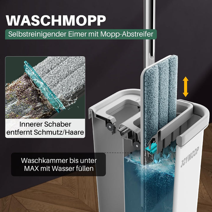 JOYMOOP Wischmopp und Eimer mit Auswringer-Set, freihändiger flacher Bodenwischer und Eimer, mit 3 w
