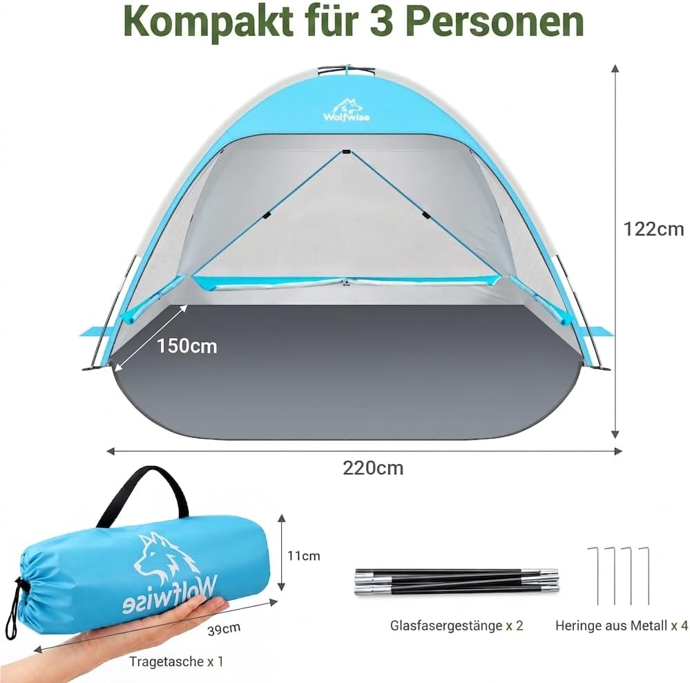 Wolfwise Strandmuschel UV Schutz, 3 Belüftungsfenster & Tragetasche, Strand Zelt mit erweiterbarem B