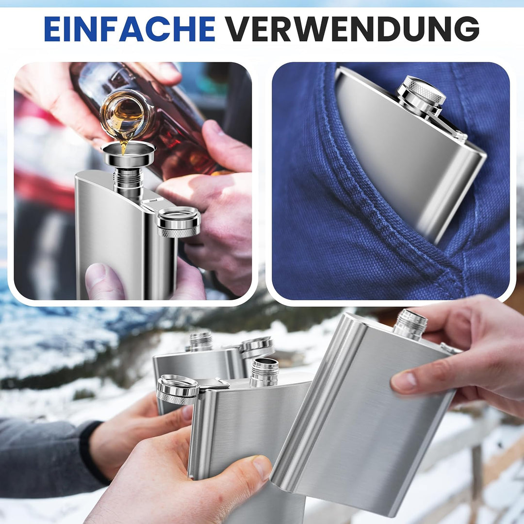 2x Oramics Flachmann 200ml aus Edelstahl – Rostfreier, extra flacher Taschenflachmann 7oz – Geschenk