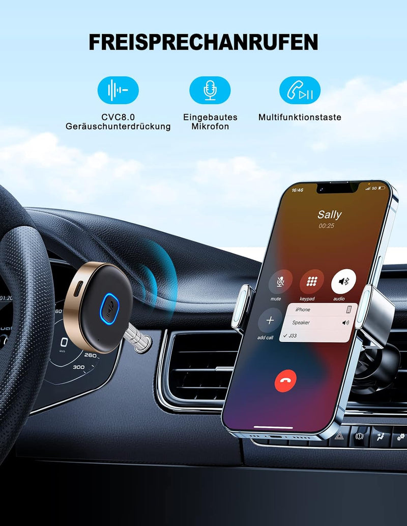 Mohard AUX Bluetooth Adapter Auto, Drahtloser KFZ Bluetooth 5.3 Empfänger für Heim-Stereo/Kabelgebun