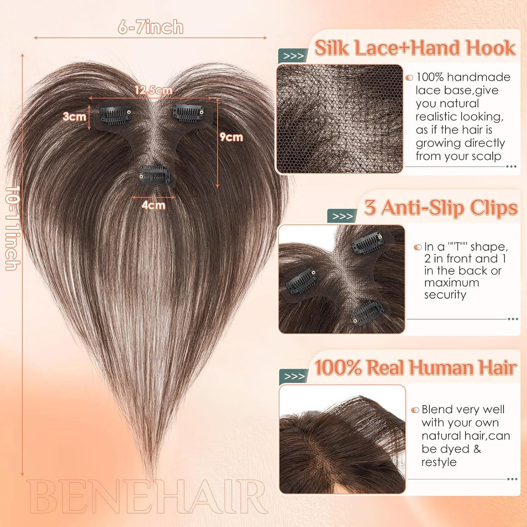 Benehair Echthaar Hair Topper für Frauen, 13g Haare Topper Echthaar Seitlicher Pony, 27CM Haartopper