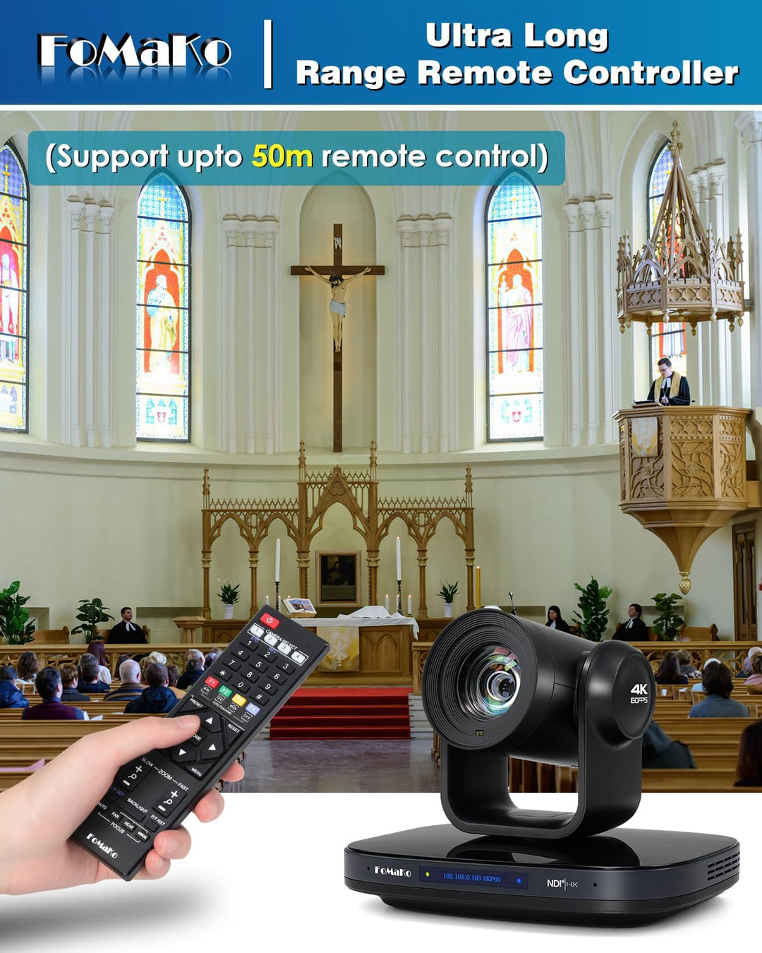 FoMaKo 12G-SDI 4K 60FPS NDI PTZ Kamera, 20X optischer Zoom, 4KP60 AI Auto-Tracking Gen 3, 1/1.8 UHD