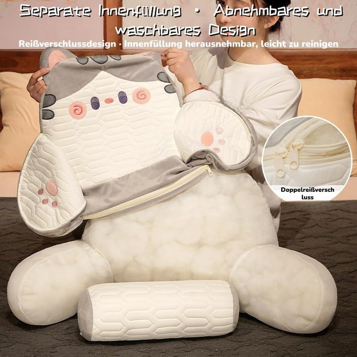Lesekissen mit Armlehnen und Nackenrolle, Niedliches Katzen Bettsitzkissen für Bett und Sofa, Ergono