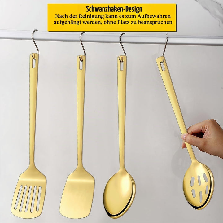 HOMQUEN Gold Küchenutensilien Set 4pcs, Titan Gold Beschichtung Edelstahl Kochutensilien Set, Küchen