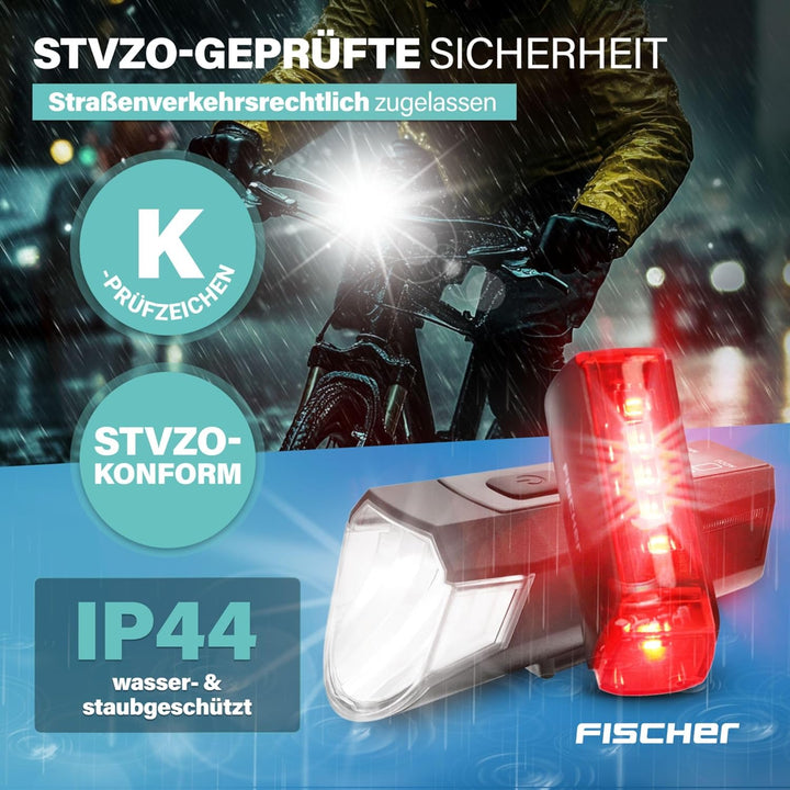 Fischer Twin Fahrradlicht Set, 360° Bodenbeleuchtung, LED Fahrradlampe 80 Lux, Akku aufladbar mit US