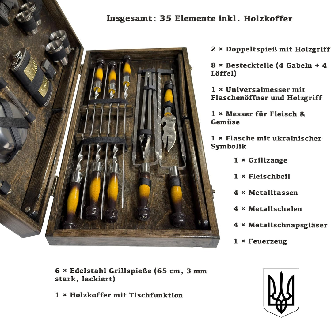 BBQ Grill Geschenkset im Holzkoffer mit Tischfunktion &amp; ukrainischer Symbolik – Premium Grillzubehör