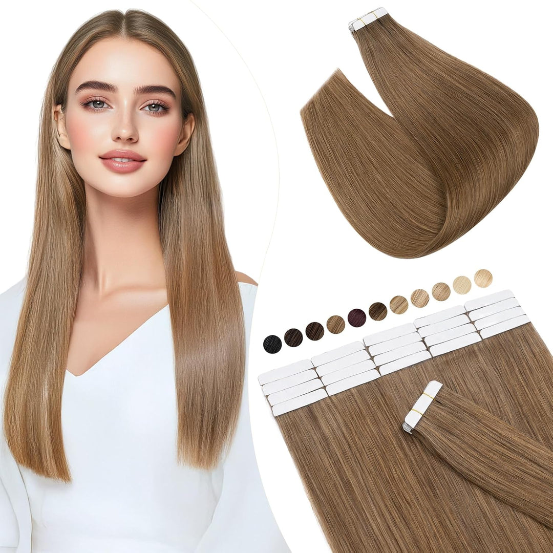 Elailite Echthaar Extensions Tape Braun, 20 stück Mini Tape Invisible Kleber, 35cm Haarverlängerung