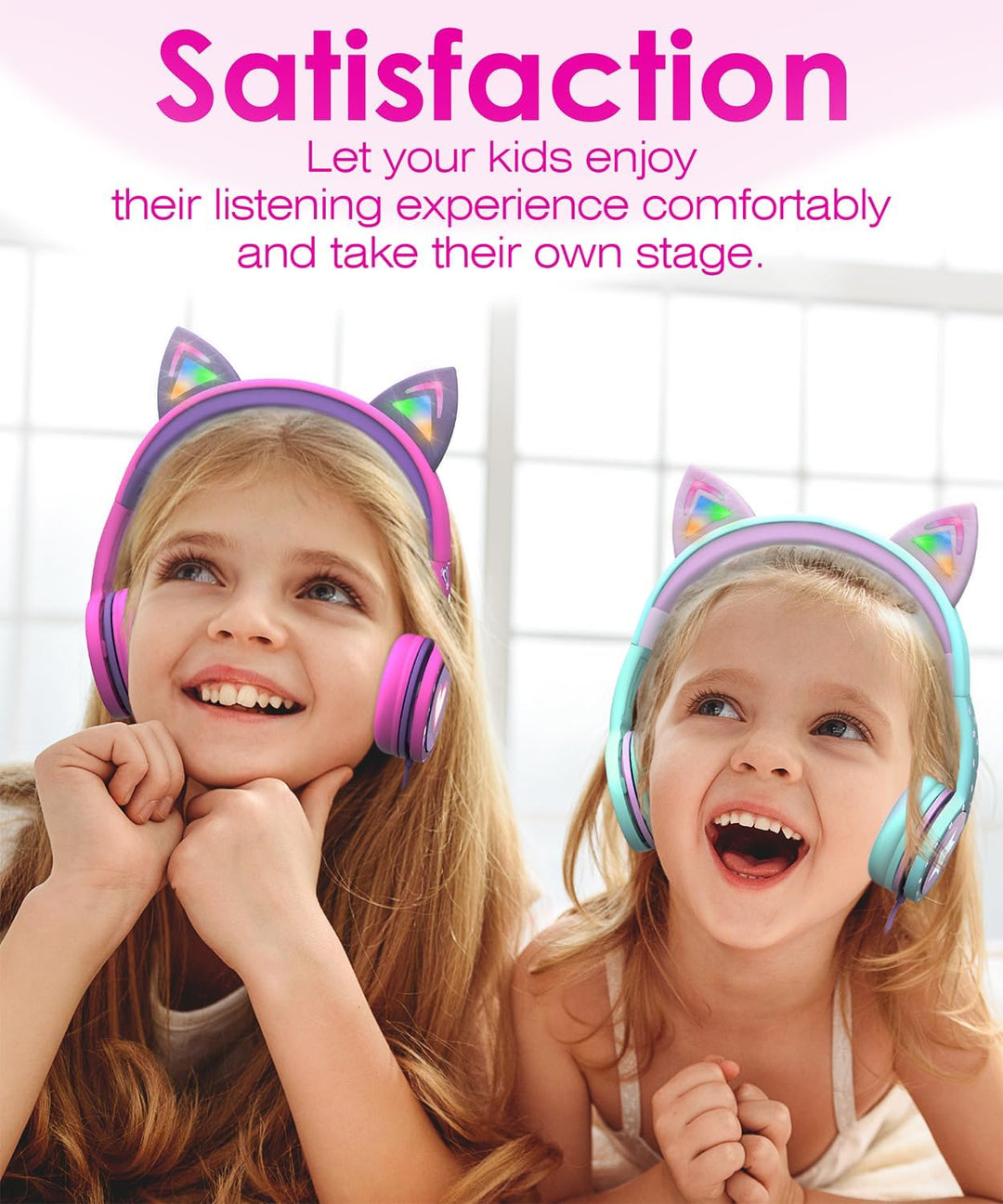 FosPower - Kopfhörer Kinder mit LED leuchten Katzenohren, 3,5mm On Ear Audio Kopfhörer für Kinder mi