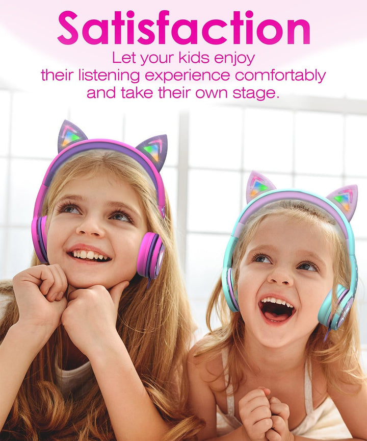 FosPower - Kopfhörer Kinder mit LED leuchten Katzenohren, 3,5mm On Ear Audio Kopfhörer für Kinder mi