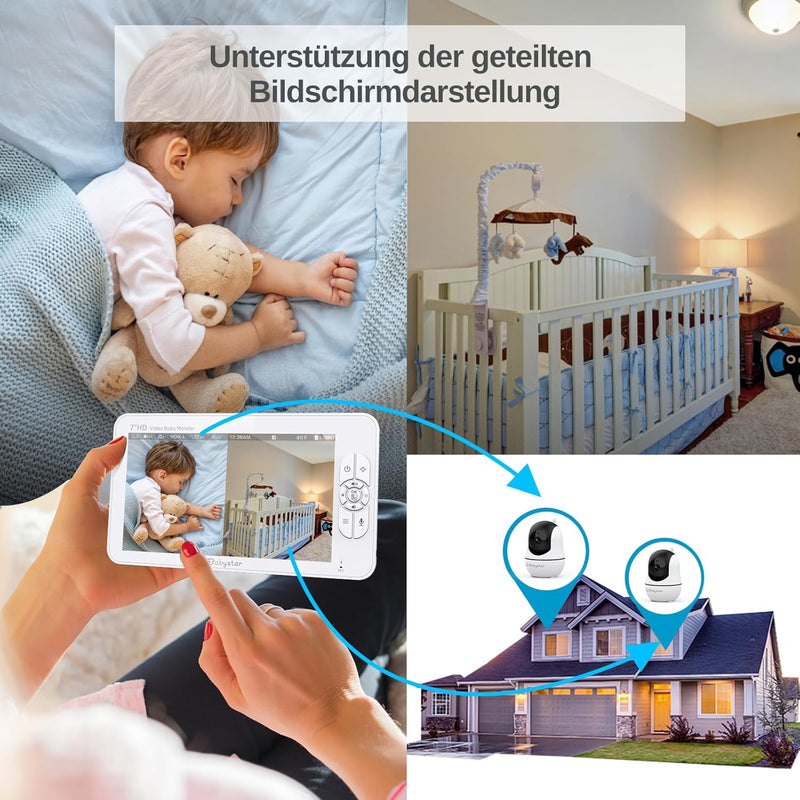 Babystar Babyphone mit 2 Kameras 7 Zoll 1080P Split-Screen-Video-Babyphone mit integriertem Weitwink