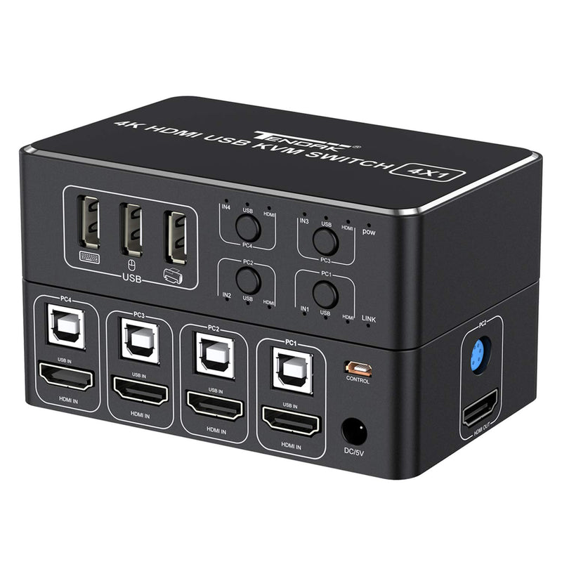 Tendak 4x1 HDMI KVM Switch, 4K@60Hz HDMI 2.0 HDCP 2.2 Computer KVM Umschalter Unterstützt USB 2.0 Ge