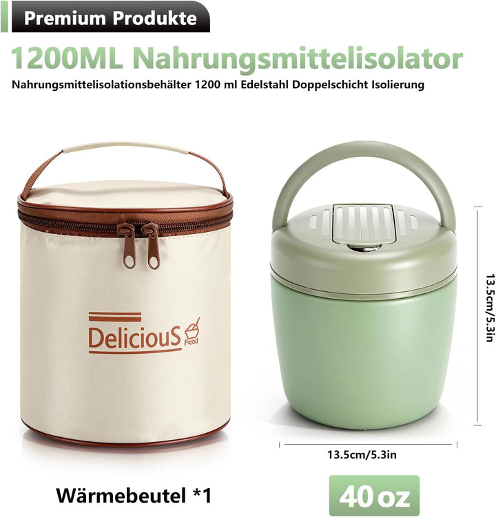 Thermobehälter für Essen 1200ml – Warmhaltebehälter aus Edelstahl mit Deckel & Löffel, Thermobox für