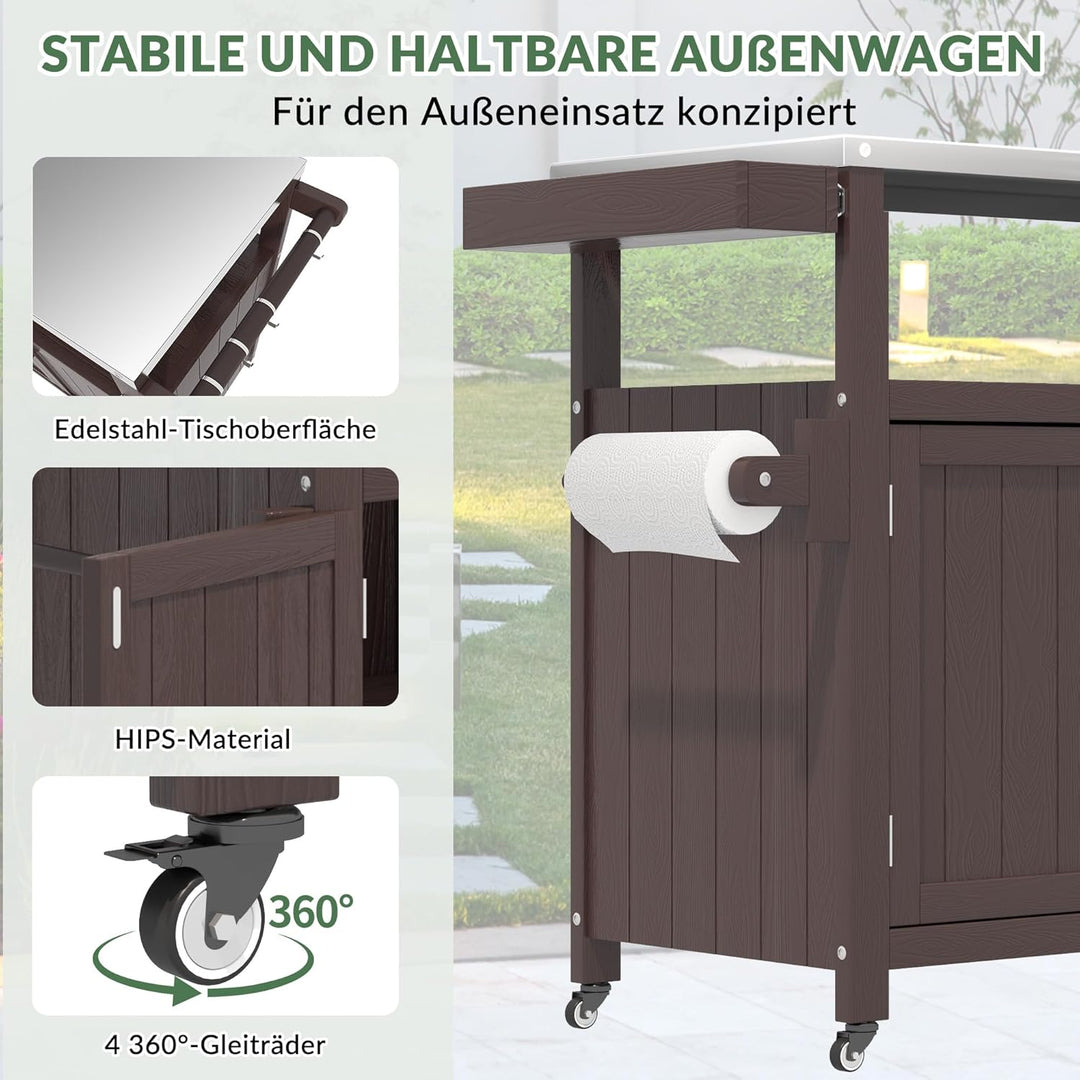 Grillwagen für den Aussenbereich mit Edelstahlplatte, wetterfester HIPS-Gartenwagen mit Aufbewahrung