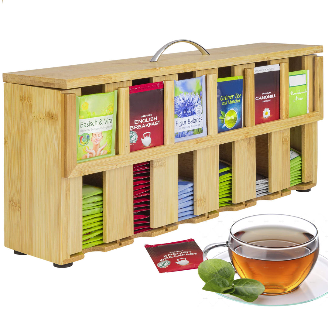 ONVAYA® Teebox aus Holz | Teekiste mit 6 Fächern | Teebeutelbox für ca. 200 Teebeutel | Tee Aufbewah