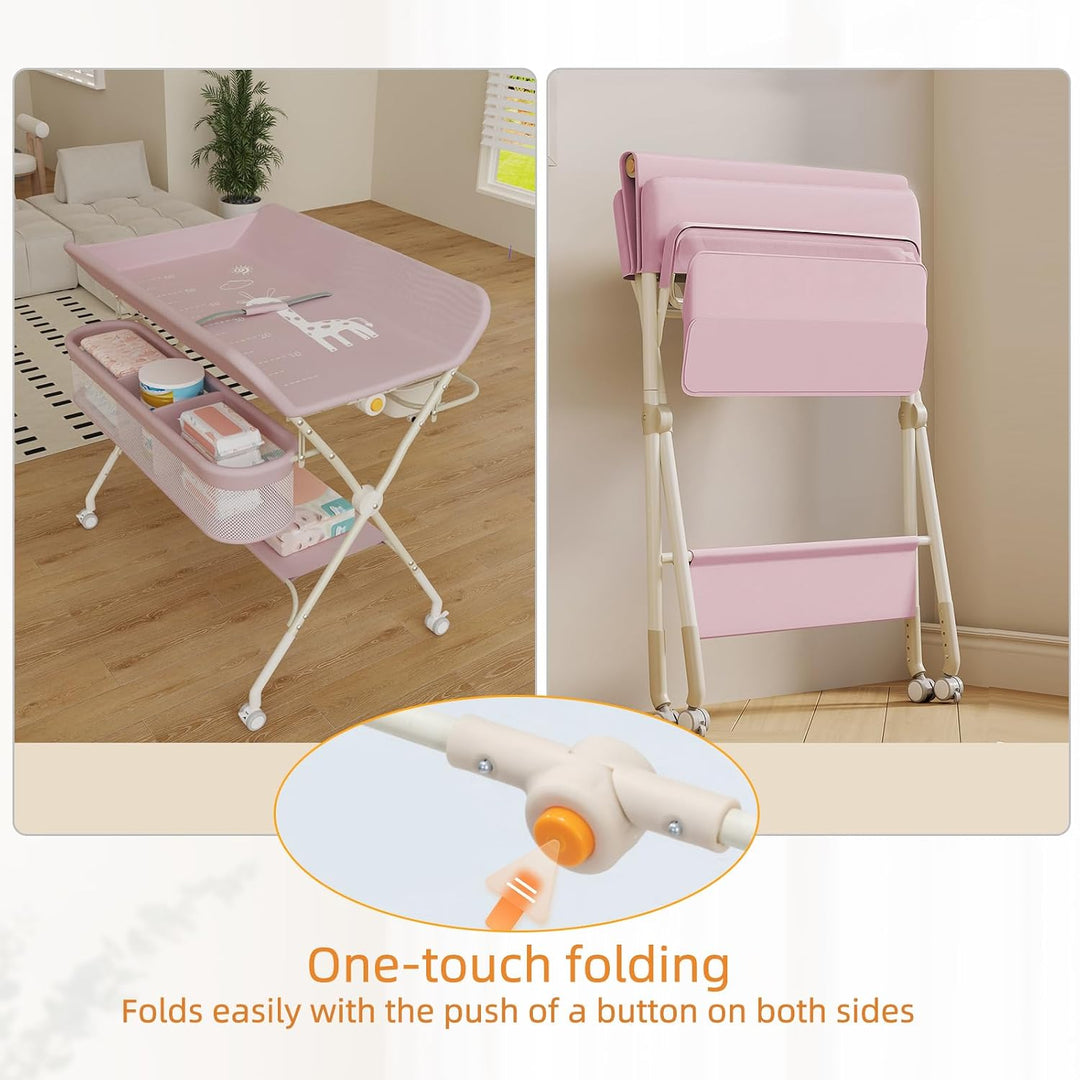 Klappbarer Wickeltisch Baby Höhenverstellbar – Mobile Wickelkommode mit Ablagekörben, Sicherheitsgur