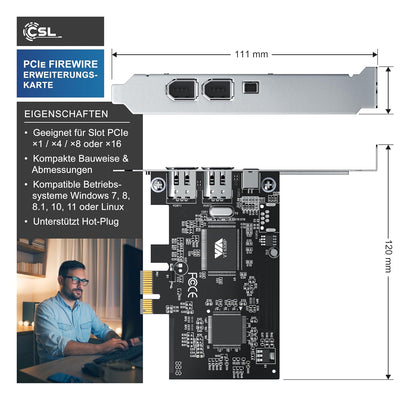 CSL PCI Firewire Karte Erweiterungskarte PCI-E 3 Anschlüsse 1394a Controller-Karte 2 x 6 Pin und 1 x