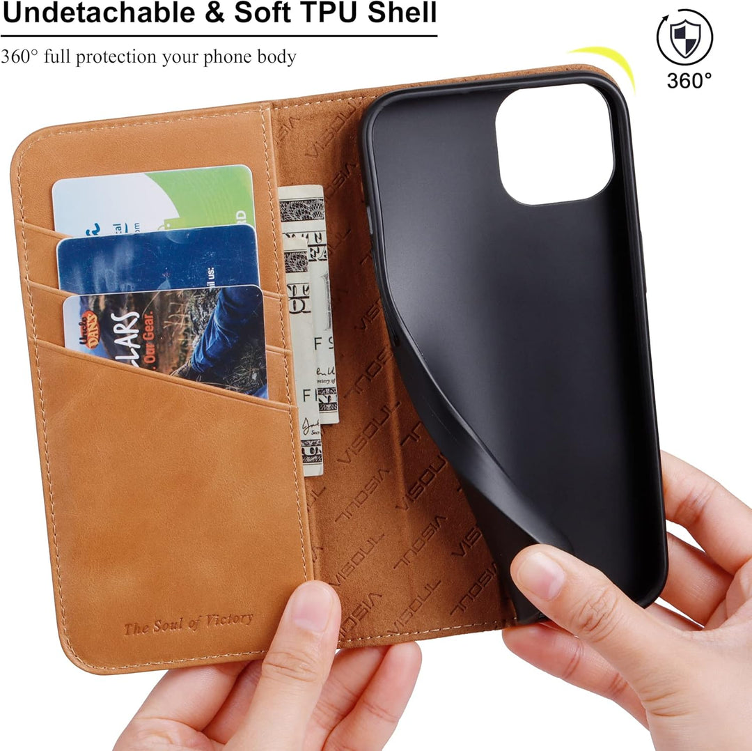 VISOUL Hülle für iPhone 15, Schutzhülle [Echt Leder] [Schützt vor Stoss] [Kartenfach] [Magnetverschl
