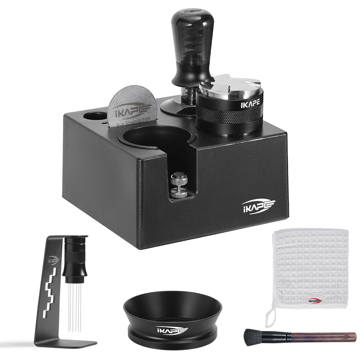 IKAPE 53 mm Espresso-Werkzeugset, schwarz, 8-in-1: Kaffeetamper, Verteiler, Magnettrichter, Kaffeepu