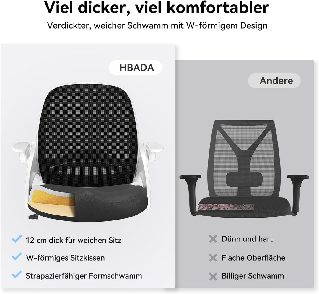 Hbada Bürostuhl Ergonomischer Schreibtischstuhl Drehstuhl mit klappbaren Armlehnen Mesh Computerstuh
