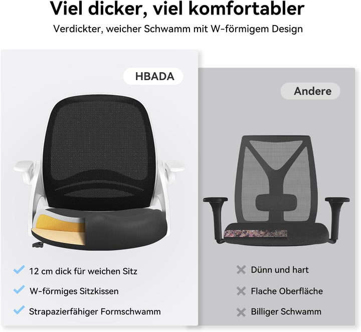 Hbada Bürostuhl Ergonomischer Schreibtischstuhl Drehstuhl mit klappbaren Armlehnen Mesh Computerstuh