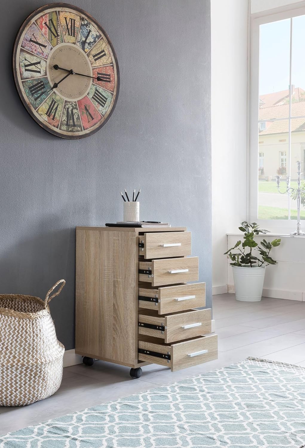 Finebuy Rollcontainer 33 x 63 x 38 cm Holz Schubladenschrank Schreibtisch, Büro Schrank mit 5 Schubl