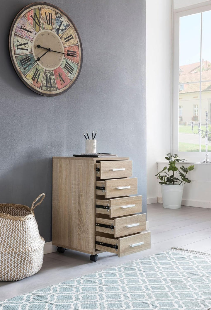 Finebuy Rollcontainer 33 x 63 x 38 cm Holz Schubladenschrank Schreibtisch, Büro Schrank mit 5 Schubl