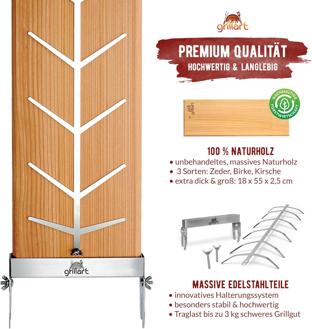 grillart® Premium Flammlachsbrett mit Halterung (Birkenholz) aus Edelstahl für herrlichen Flammlachs