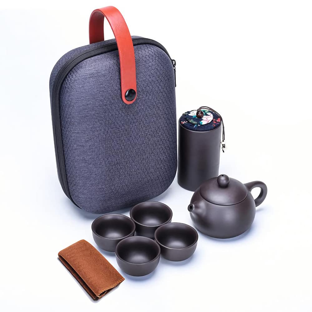 Tee Set 7-teilig Chinesisch Keramik Kleine Teeservice mit 130ml Teekanne und 4 Teebecher 30ml Tragba