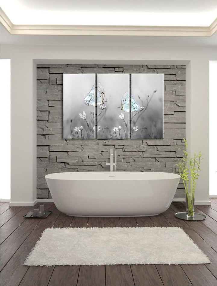 Pixxprint Schmetterling auf kleinen Blumen als Leinwandbild/Grösse: 3 Teilig (120x80 cm) cm/Wandbild