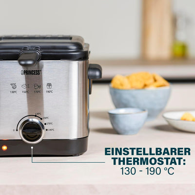 Princess Mini-Fritteuse 182612 – 1,5 L – 1000 W – für 400 g Pommes frites, Silber, Schwarz