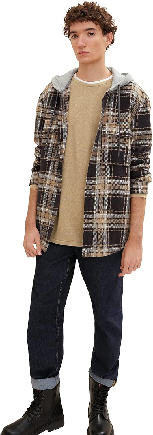 TOM TAILOR Denim Herren Overshirt mit Kapuze XS 30688 - Coal Grey Grey Beige Check, XS 30688 - Coal