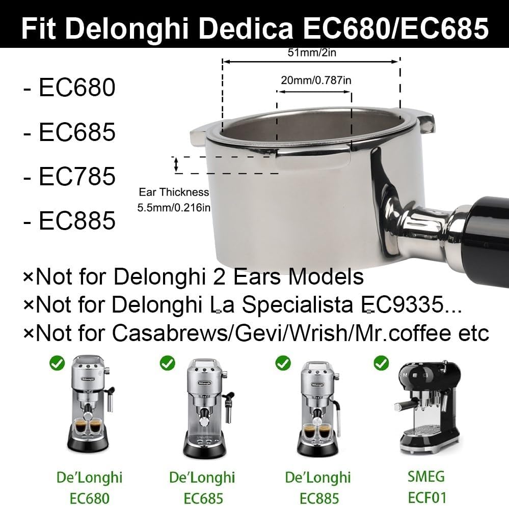 Bodenloser Siebträger 51mm für DeLonghi Dedica EC680/EC685/EC785/EC820/EC850/EC860, mit 2 Tassen Fil