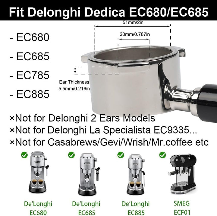 Bodenloser Siebträger 51mm für DeLonghi Dedica EC680/EC685/EC785/EC820/EC850/EC860, mit 2 Tassen Fil