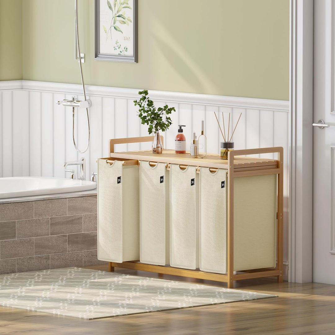AdelDream Wäschekorb 200L, 4 Fächer Wäschesammler mit Ablage, Bambusrahmen | Wäschesortierer mit 4 x