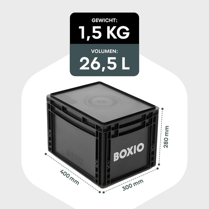 BOXIO – SOLO: Aufbewahrungsbox mit Deckel – Eurobox 40x30 x 28 cm – perfekte Plastikbox Transportkis