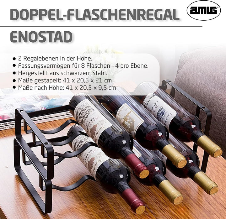 Amig - Stapelbares Flaschenregal für 8 Flaschen - 2er-Pack aus schwarzem Stahl - Flaschenhalter für