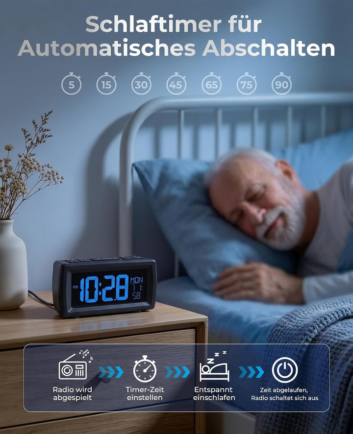 Digitaler Radiowecker, Wecker Radio mit 7-farbige Ziffernanzeige, Einstellbarer Helligkeit und Weckt