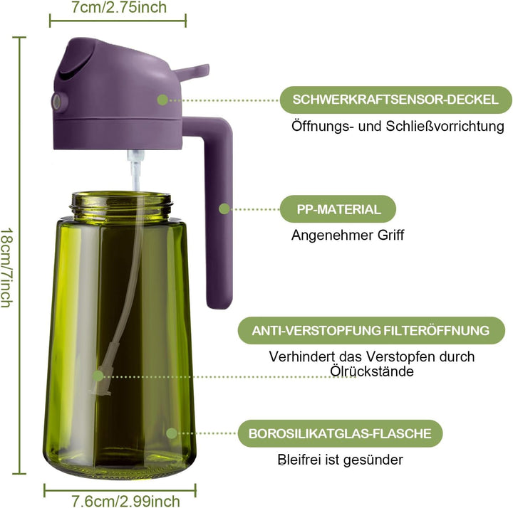 YARRAMATE 2 Stück 470ml Ölsprüher zum Kochen, 2-in-1 UV Schutz ölzerstäuber für die Küche, hochwerti