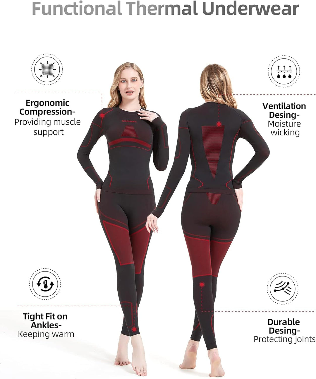 NOOYME Thermounterwäsche Damen Atmungsaktiv Thermowäsche Set Funktionswäsche Anti-bakteriell und Fle