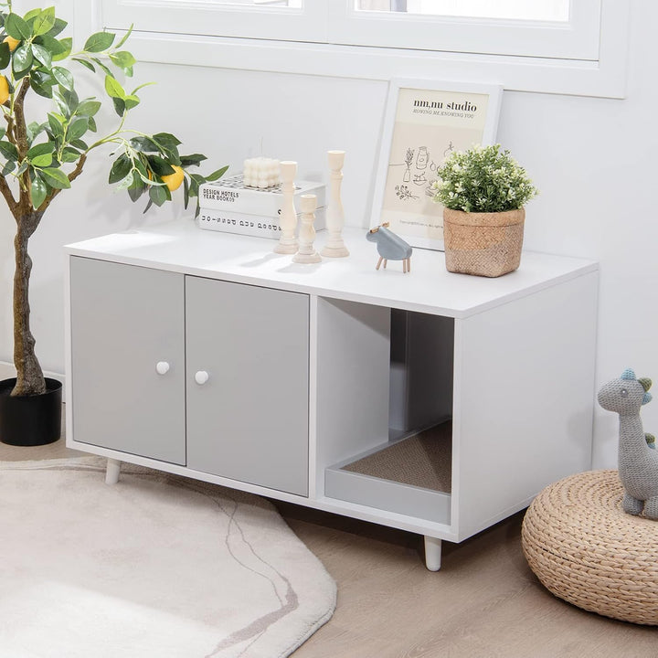 COSTWAY Katzenschrank für Katzentoilette, 2 in 1 Beistelltisch Katzenhaus, Katzenklo Schrank mit Kra