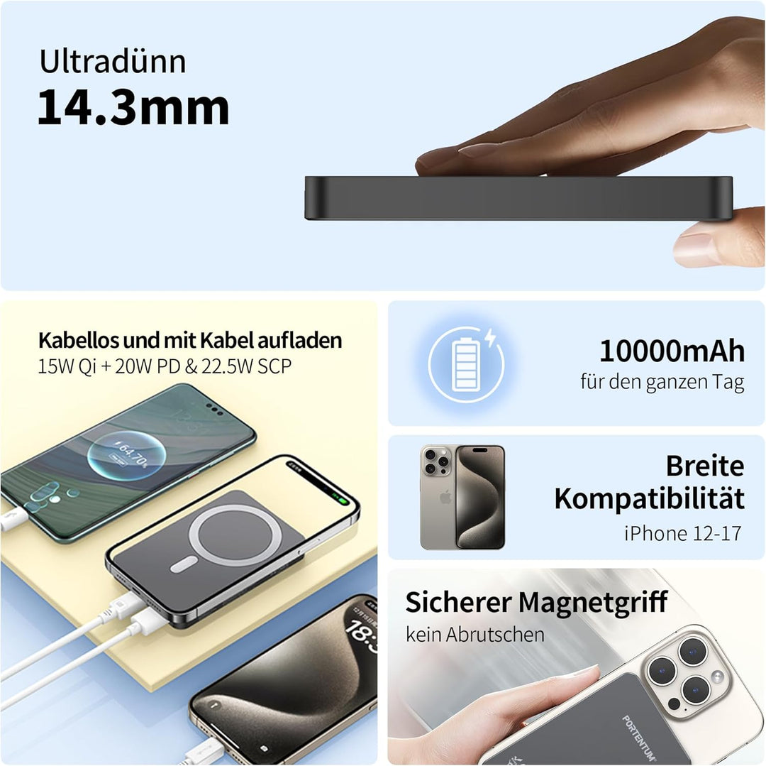 PORTENTUM Powerbank für Magsafe Schnellladefunktion 10000 mAh Ultra-Slim 14 mm – Power Bank magnetis