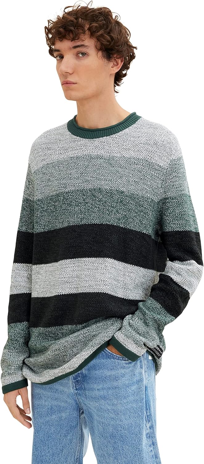 TOM TAILOR Denim Herren Strickpullover mit Streifen L 30905 - Green Off White Color Flow, L 30905 -
