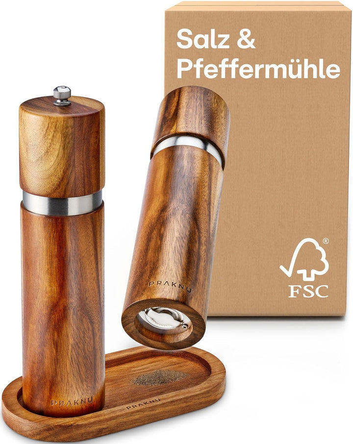Salz und Pfeffermühle aus Akazienholz mit Untersetzer - Nachhaltiges FSC® Holz - Langlebiges Keramik