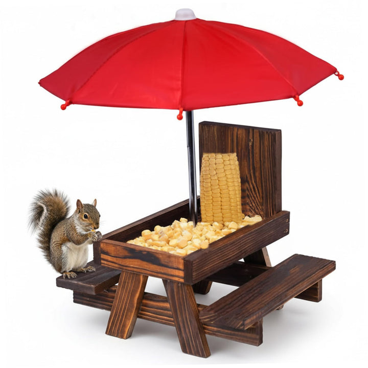 Eichhörnchen-Futterspender-Picknicktisch – Outdoor-Holzbank-Futterstation mit Regenschirm für Eichhö