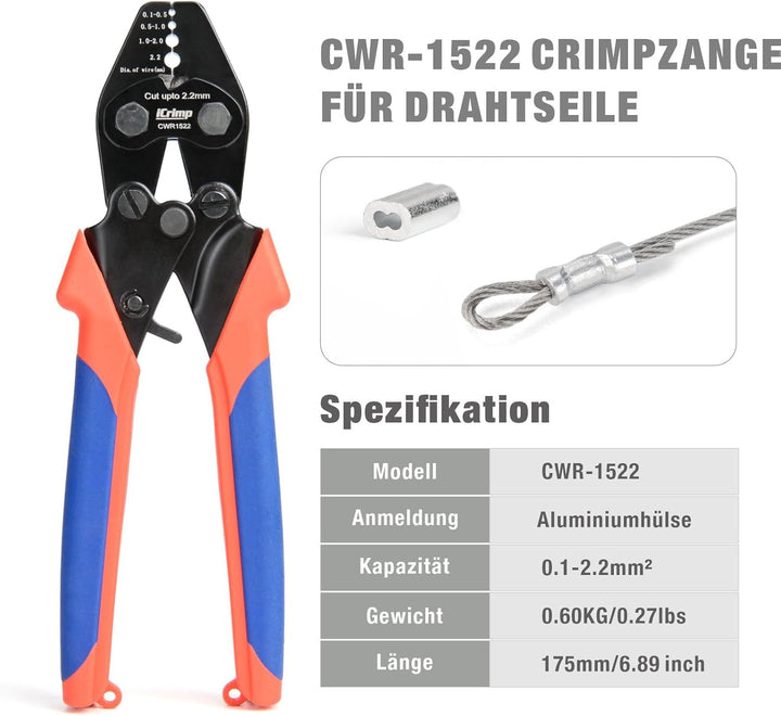 iCrimp CWR1522 Drahtseil Crimpzange mit Schneider 0,1–2,2 mm | Drahtseil Crimpwerkzeug mit Schneidfu