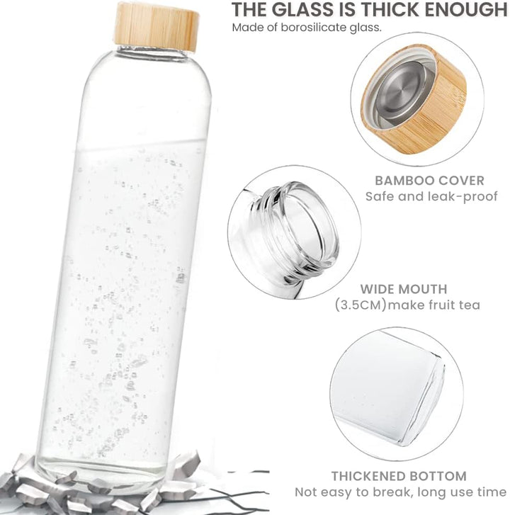 Bugucat Glasflasche 1000 ML, Trinkflasche aus Glas mit Bambusdeckel und Schutzhülle，Wasserflasche Au
