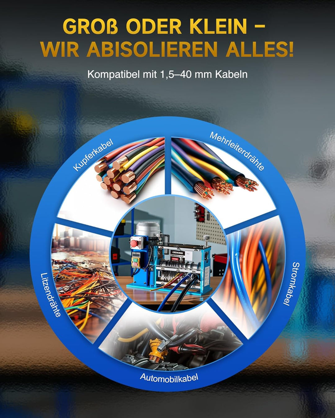 CREWORKS Elektrische Kabelabisoliermaschine 550W, 1,5-40 mm Kabelschälmaschine Automatisch, 11 Löche