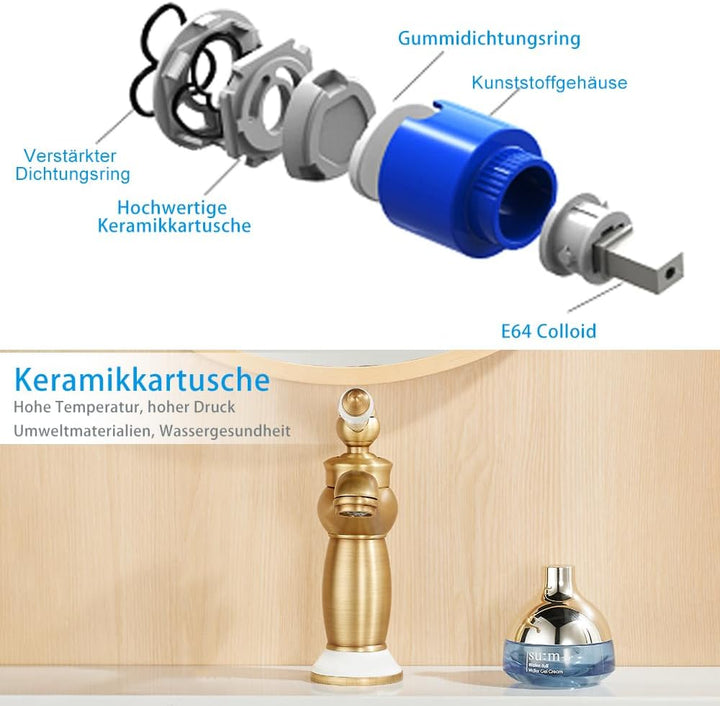 Traditioneller Wasserhahn Bad, Retro Viktorianische Waschtischarmatur mit Keramikgriff, Vintage Einh