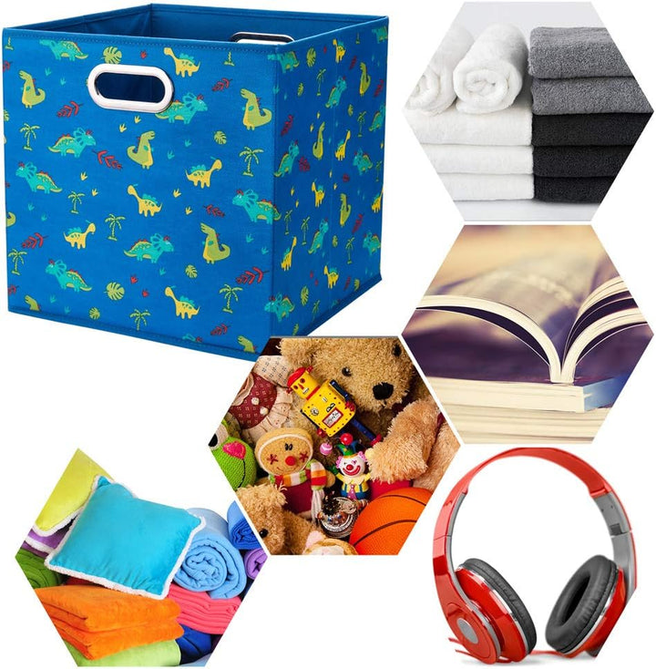 Aufbewahrungsbox, blau | Dinosaurier, faltbar, Stoff, 26.6x26.6x27.9cm, mit 2 Metallgriffen, kompati