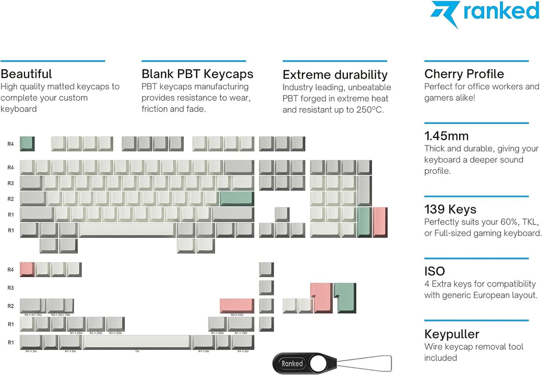 Ranked Leeres Premium-Tastenkappen-Set | 1,4 mm Dickes PBT | Cherry-Profil für Mechanische Tastatur
